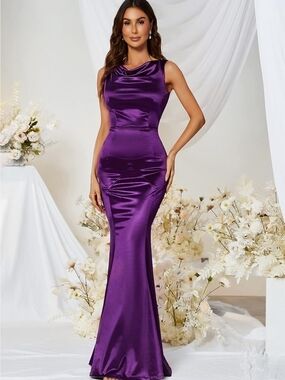 Satin Purple Cowl Neck Mermaid Prom Dress